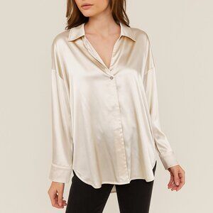 Entro NEW Ivory Satin Collared Long Sleeve Button Blouse Quiet Luxury